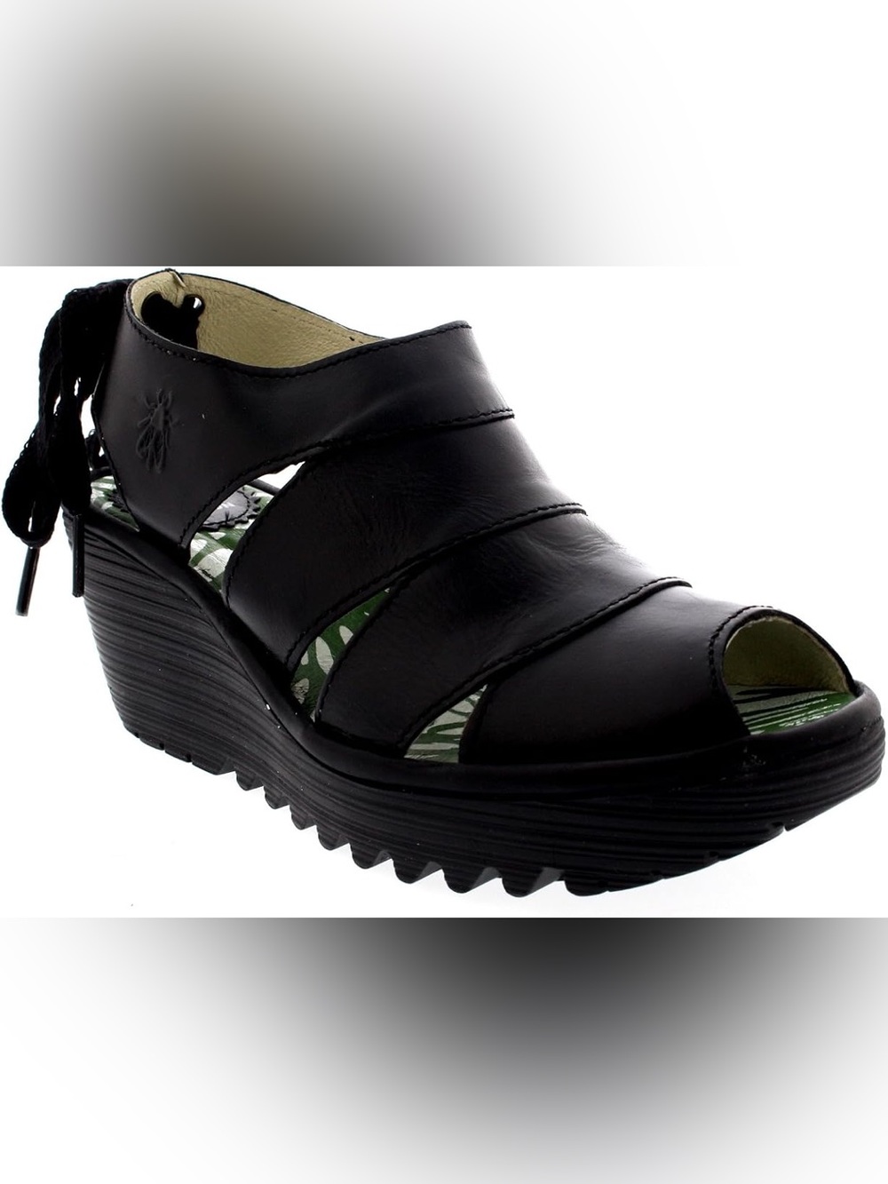 FLY London Yown Rug Black Leather Peep Toe Wedge Sandals Lace Up Women Sz 39 US8